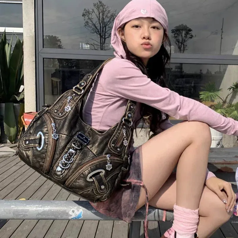 Xiuya Vintage Leather Shoulder Bag For Women Large Capacity Gothic