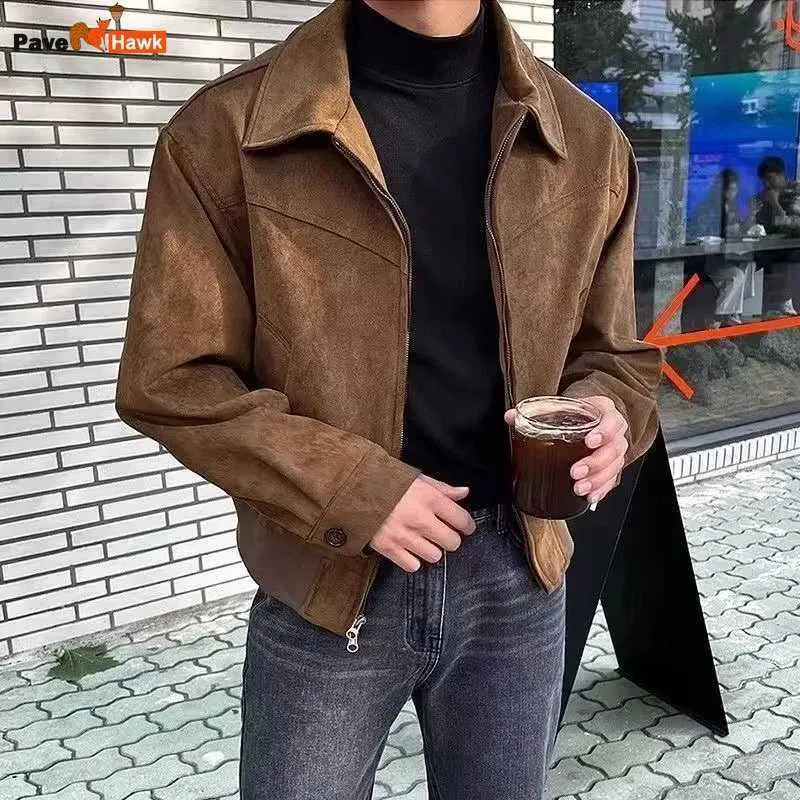 Retro Brown Leather Jacket Style: Mens Suede Short From