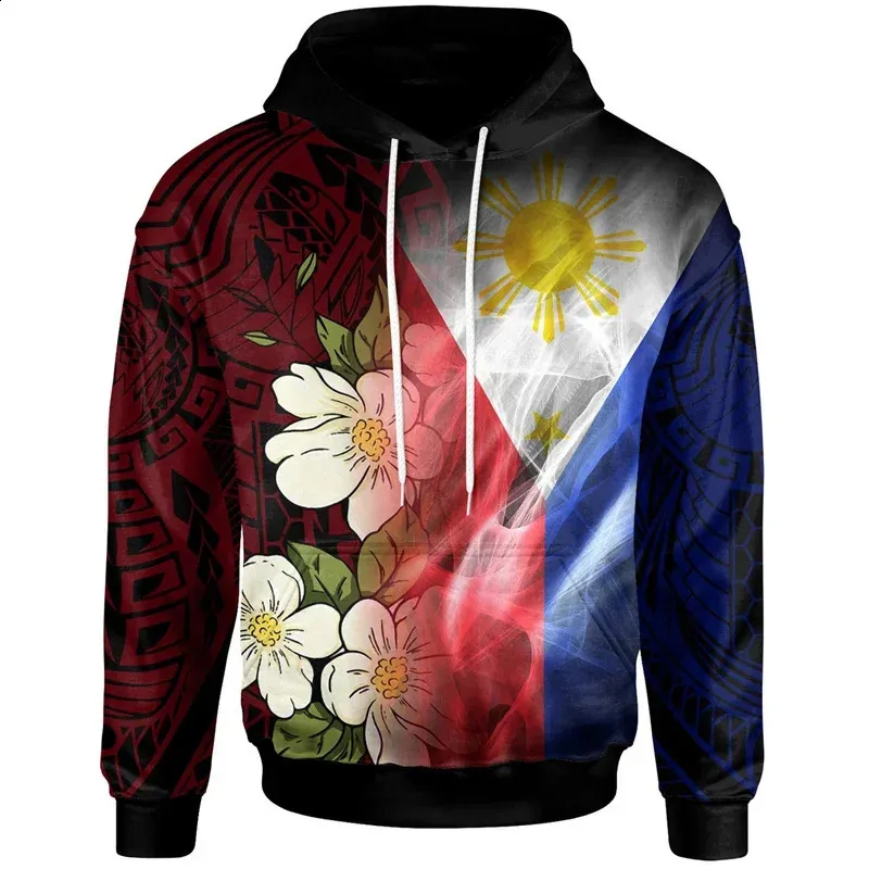 GLUDEAR Men's Polynesian Tribal Print Zip Hoodie - Kosrae Flag Design, Long Sleeve Pullover Sweatshirt