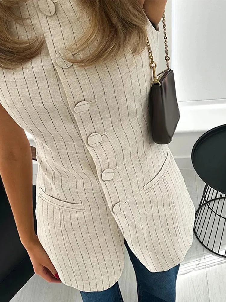 thumbnail image 2 of Women's Strapless Denim Blazer Vest - Sleeveless Button Tube Top For Casual Summer Outfits 2 of 13