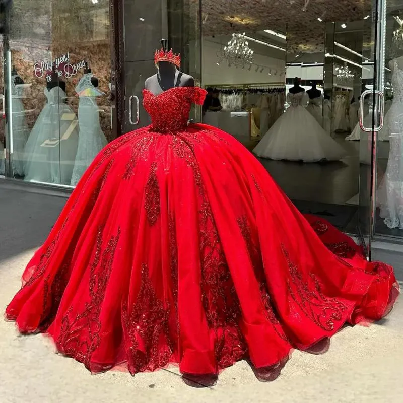 Red Sequin Ball Gown Off The Shoulder Gown With Lace Appliques