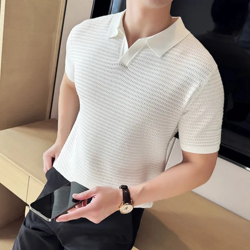 Premium Quality Striped Jacquard Knit Polo Shirt - Short