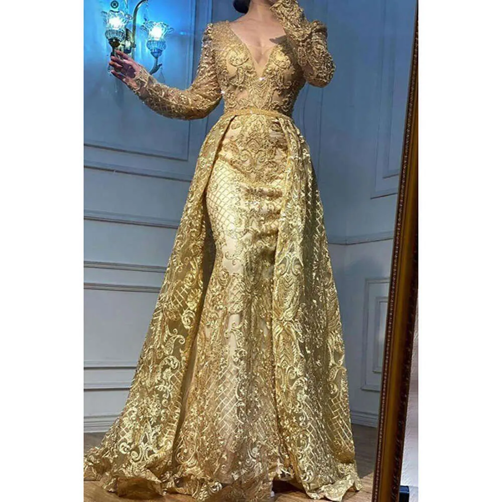Elegant V Neck Long Sleeved Evening Dress - Gold Jacquard Gown with Train -  Shop Now! from Dhgate Evening Dresses - price 538.64