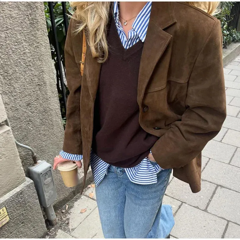 Veste En Daim Marron Vintage Guy Fulop – Boutonnée, Poches, Doublée – Taille M Pour Femme, Très Bon état
