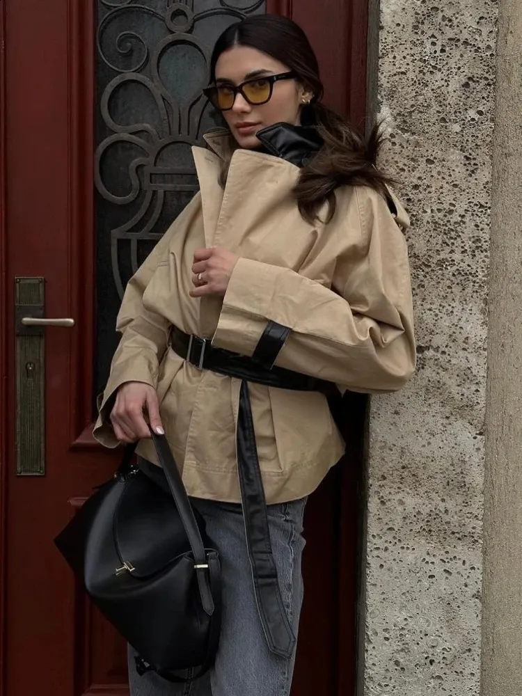 RR3331 Womens Large Short Trench Coat Black Leather Contrast Khaki