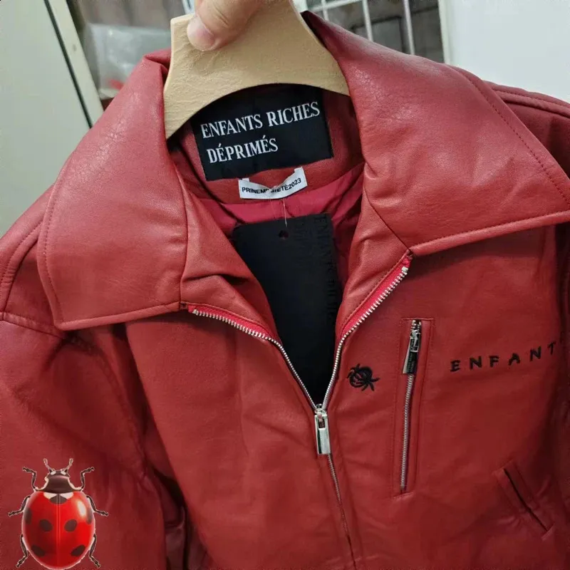 Red Leather Embroidered Jacket - Designer Style, Classic Fit