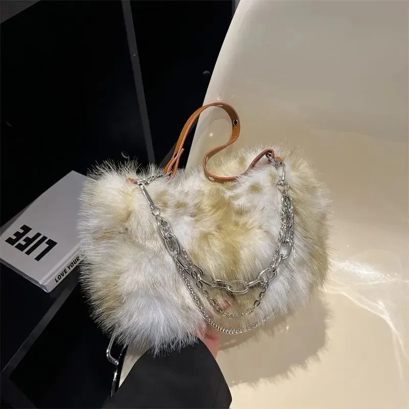Chic White and Black Fuzzy Bag with Gold Chain Fluffy Chic: Soft Fur Square Bag - Trendy Plush Shoulder Bag  main image 3
