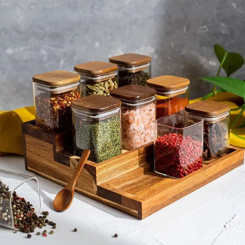 Square Glass Spice Jars With Wood Lids Set, Acacia Wood Lids