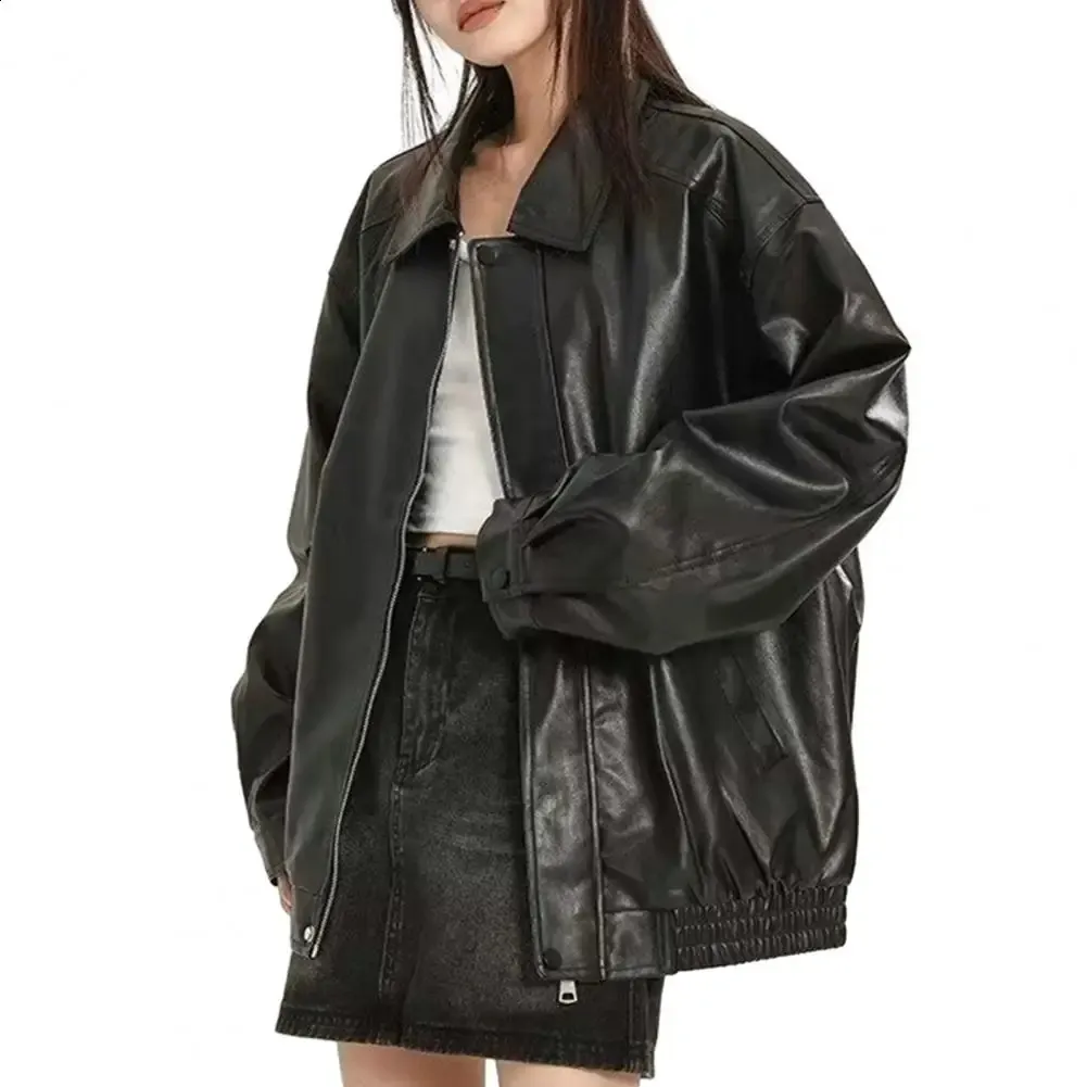 【Ameri】RETRO FAKE LEATHER JACKET Retro American Style Faux Leather Jacket - Women's Loose Fit Coat
