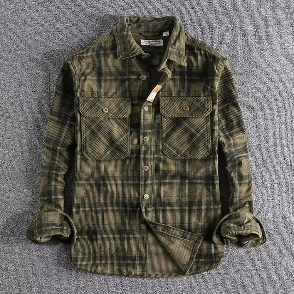 Classic Plaid Corduroy Shirt - Long Sleeve Comfort for Men