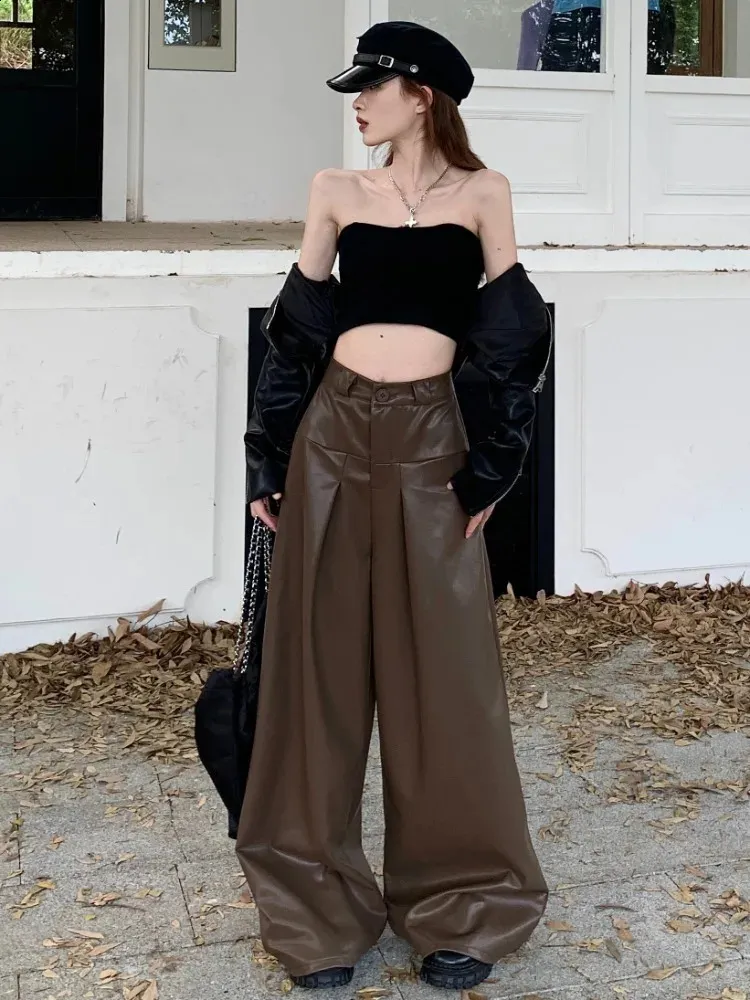 DHgate.com:Wide Leg Leather Pants High Waist Straight Leg
