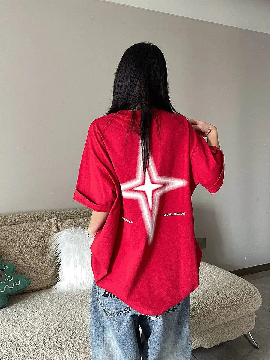 Women's Loose Fit Cotton Sport T Shirt Red Black Star Print Up To