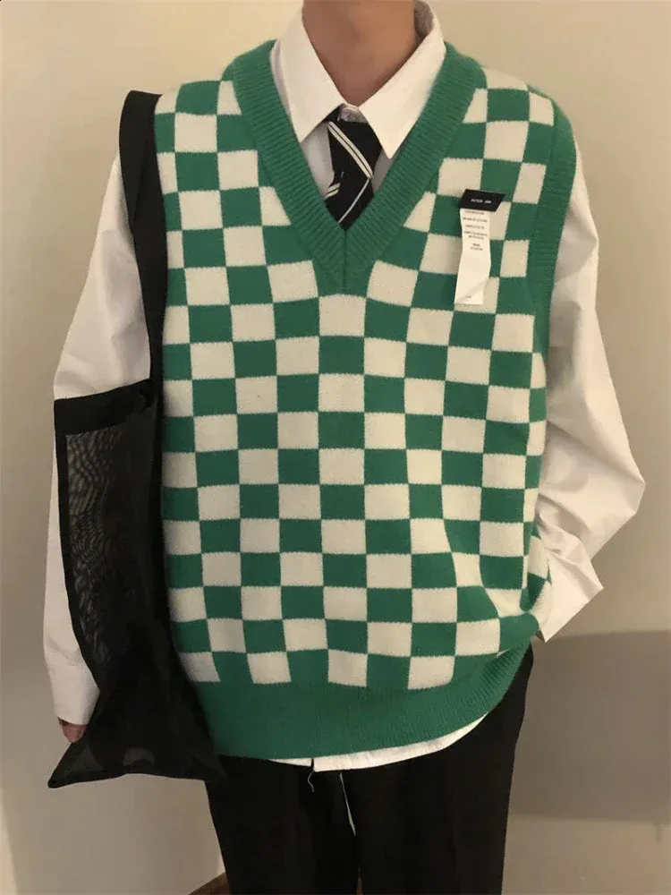 Plaid V-Neck Knitted Sweater Vest Green Sleeveless Pullover Top for Men  Shop Now!