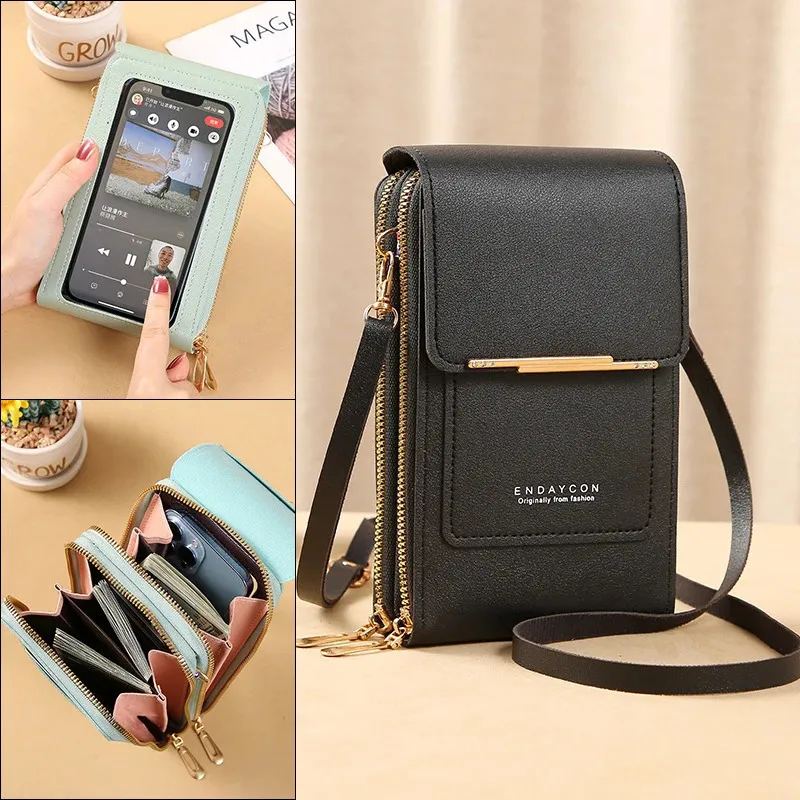 Endaycon Blue Leather Crossbody Bag with Touch Screen and Cell Phone Purse