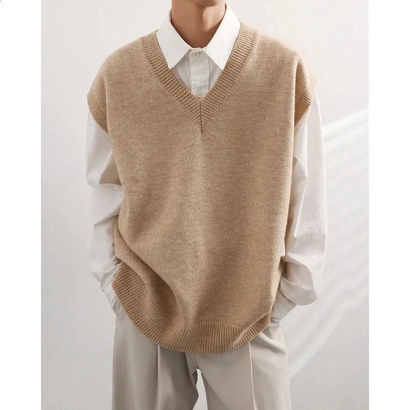 Mens V-Neck Knitted Sweater Vest - Solid Color, Casual