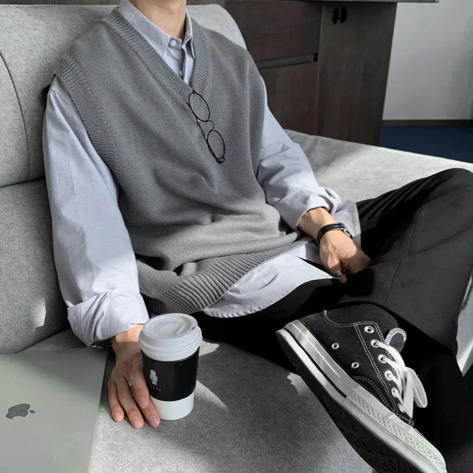 Save Big on Bulk Korean Sweater Vest Men V Neck Sweater Vest Men: Casual  Knitted Pullover, Korean Loose Sleeveless Sweater, Oversized Sweaters Men 