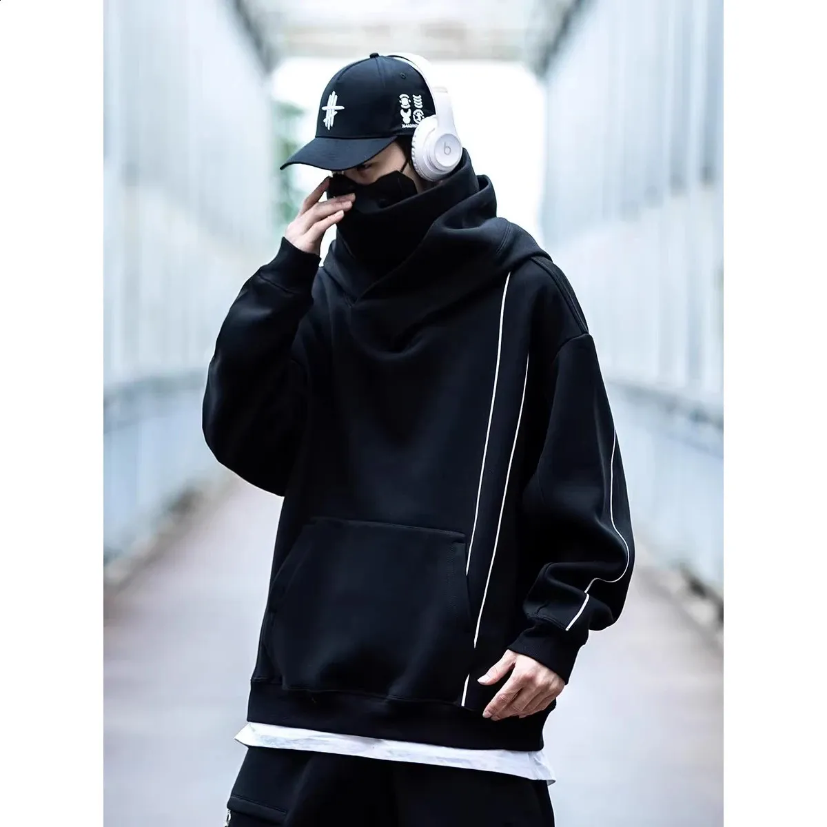 Harajuku Techwear Hoodie for Men - Double Necklace, Functional, Hip Hop Streetwear, Ultrafine Cotton, Pullover Sweatshirt Harajuku Techwear Hoodie for Men - Double Necklace, Functional, Hip Hop Streetwear, Ultrafine Cotton, Pullover Sweatshirt