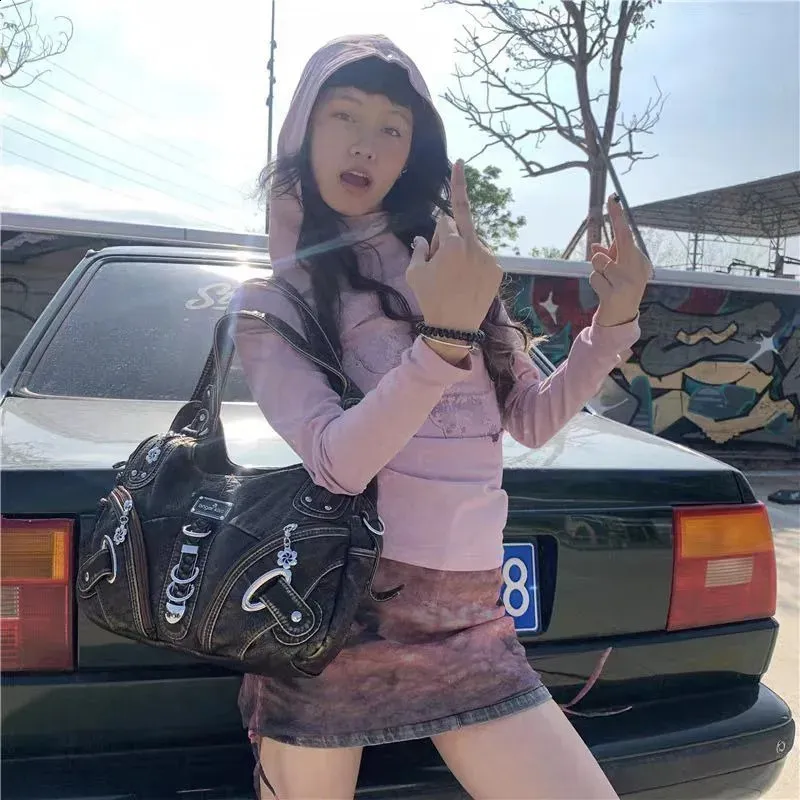 Xiuya Vintage Leather Shoulder Bag For Women Large Capacity Gothic