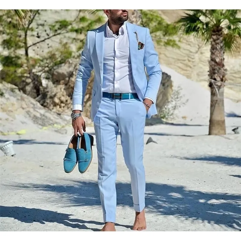 Light Blue Suit White Slim Fit Suit Jacket Men Three Piece Suit