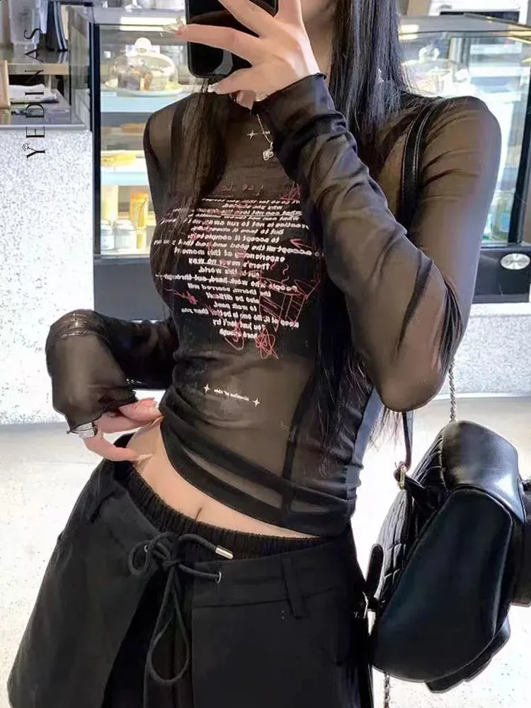 トップス y2k semantic mesh print long sleeve T Women's Printed Mesh Long Sleeve Top,Y2K Sexy See Through