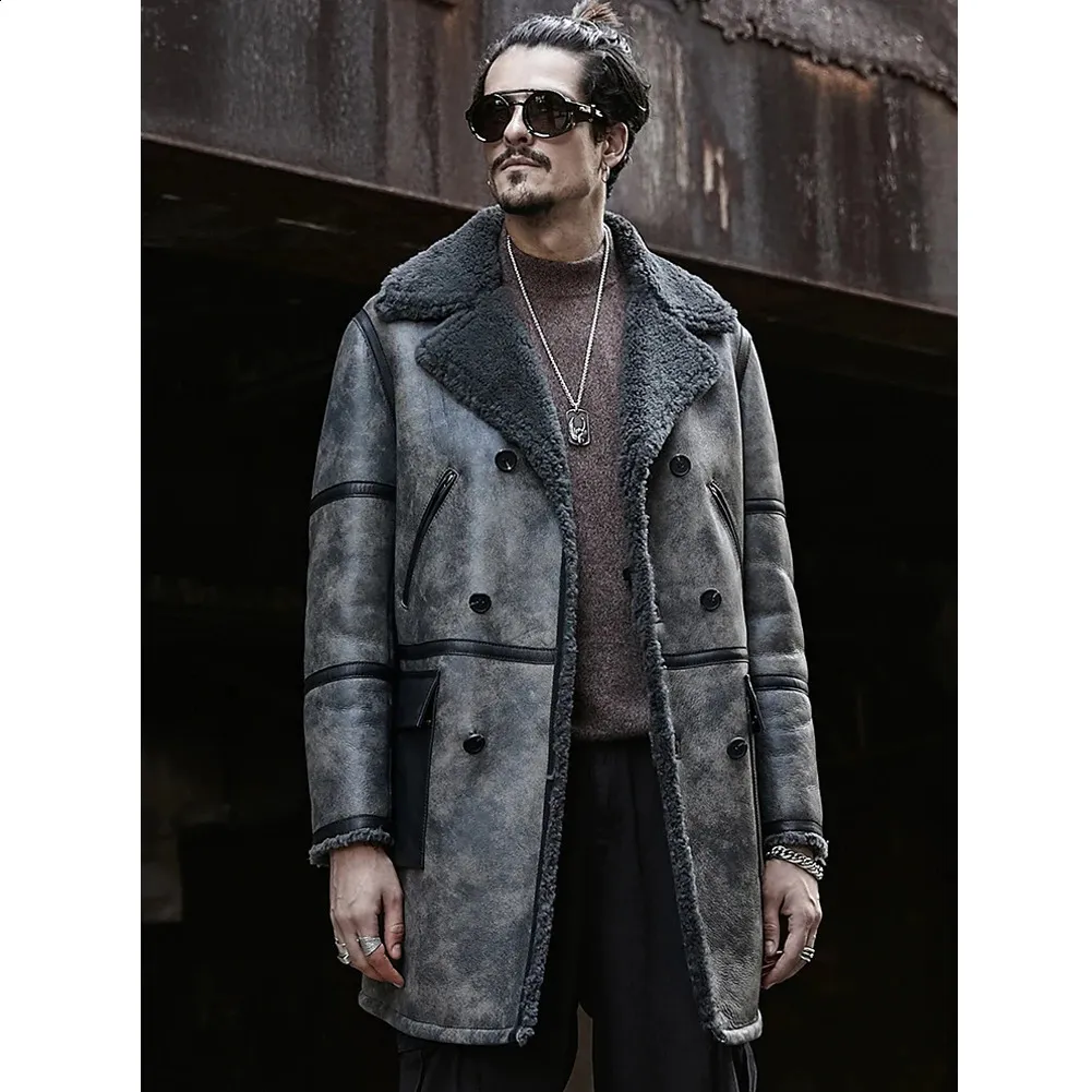 Premium Gray Shearling Trench Coat Mens B3 Bomber Style, Best