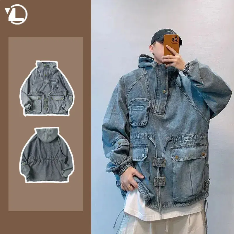 Denim Cargo Hoodie: Multi-Pocket Hip-Hop Pullover, Washed Street Style  Shop Now!