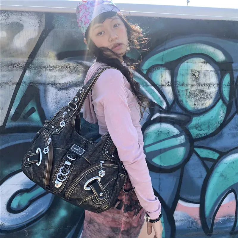 Xiuya Vintage Leather Shoulder Bag For Women Large Capacity Gothic