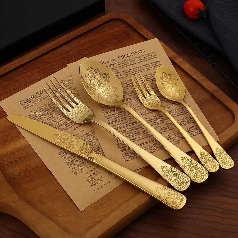 Premium Gold Inlaid Stainless Steel 5-Piece Cutlery Set - Elegant ...
