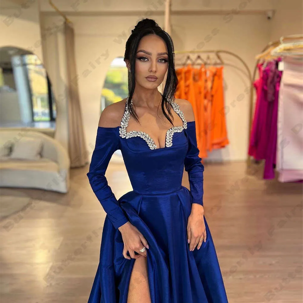 Royal Blue Satin evening wear dresses with Side Split...