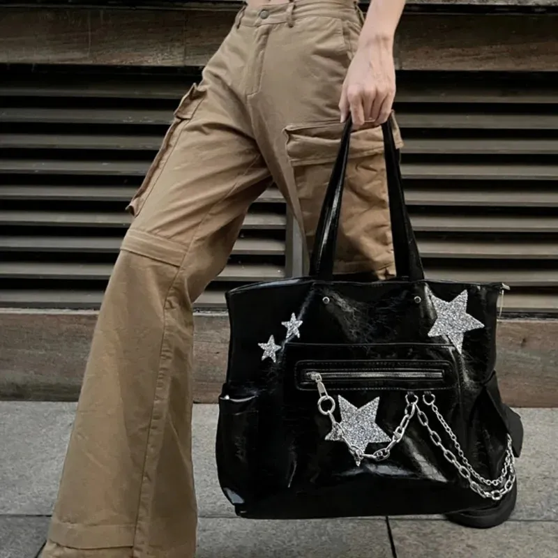 Y2k Goth Tote Bag: Large Capacity PU Leather Shoulder