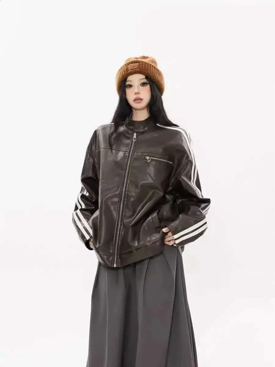 Oversized Black Leather Bomber Jacket - Stylish Racing Style