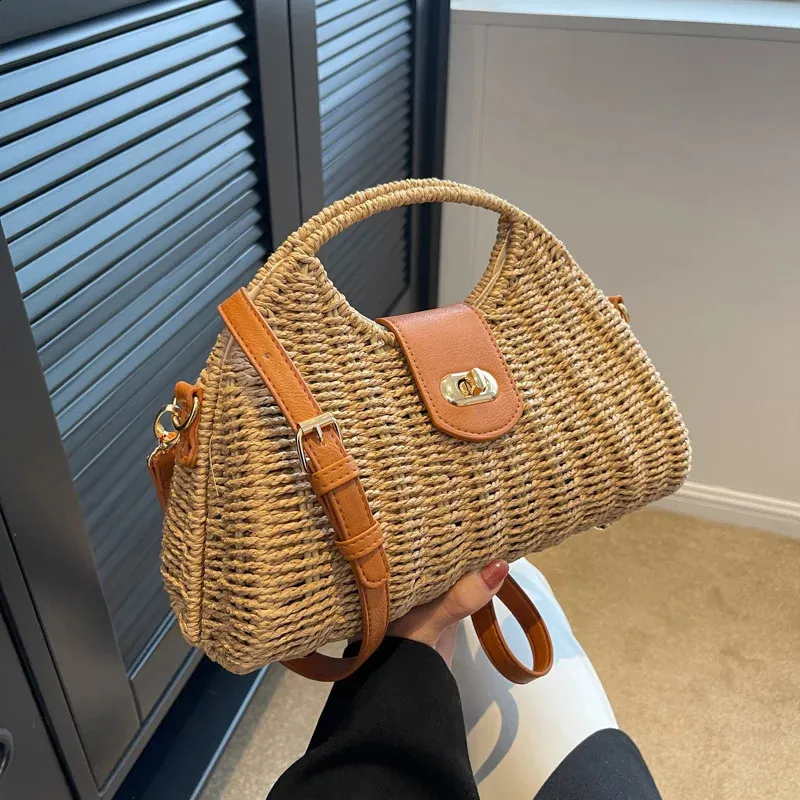 Borsa In Paglia Da Spiaggia Donna: Mini Tracolla In Rattan Intrecciata A Mano, Beige, Estiva - copertina