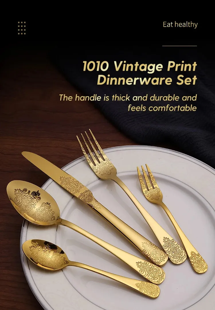 Premium Gold Inlaid Stainless Steel 5-Piece Cutlery Set - Elegant ...