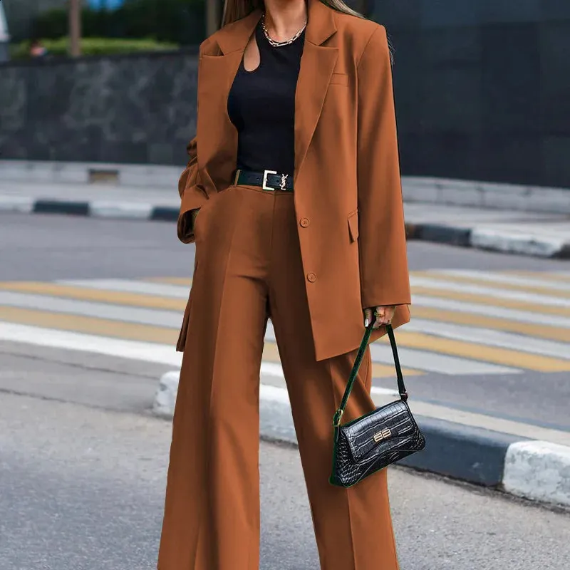 Contrast Trim Blazer & Wide Leg Pants Set