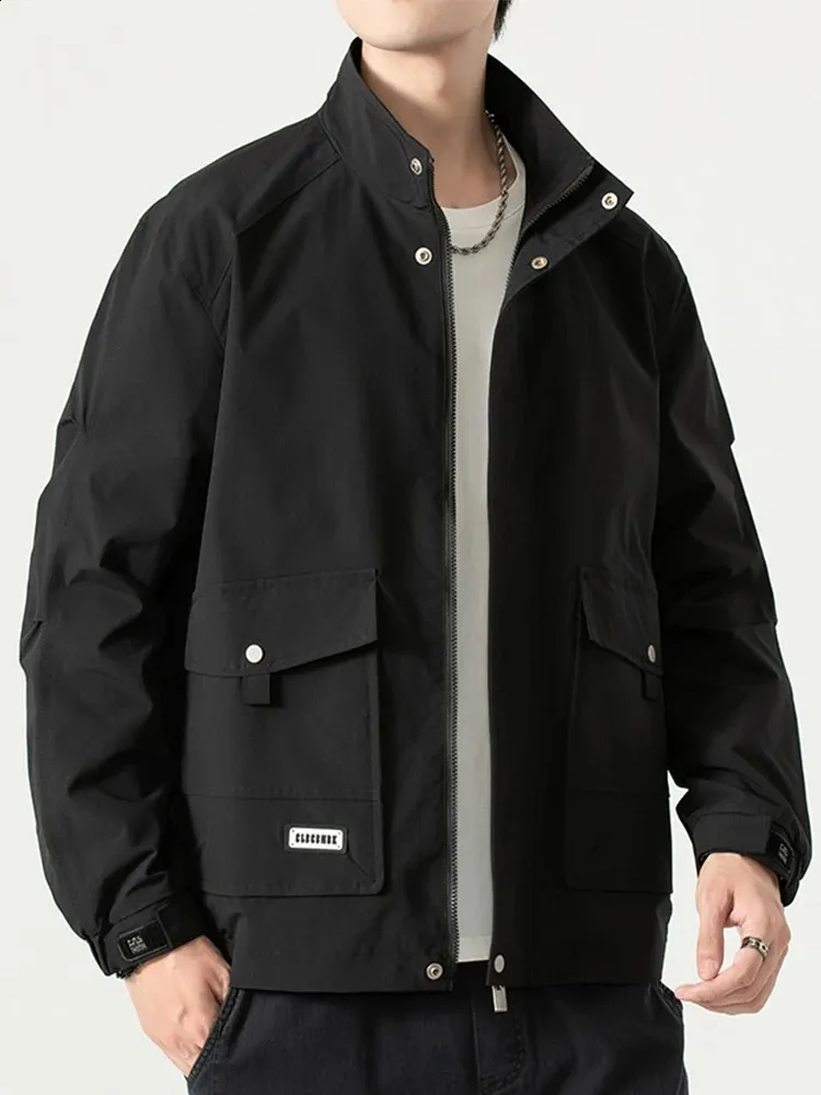 Mens Stand Collar Jacket Waterproof Windbreaker with Multi-Pockets