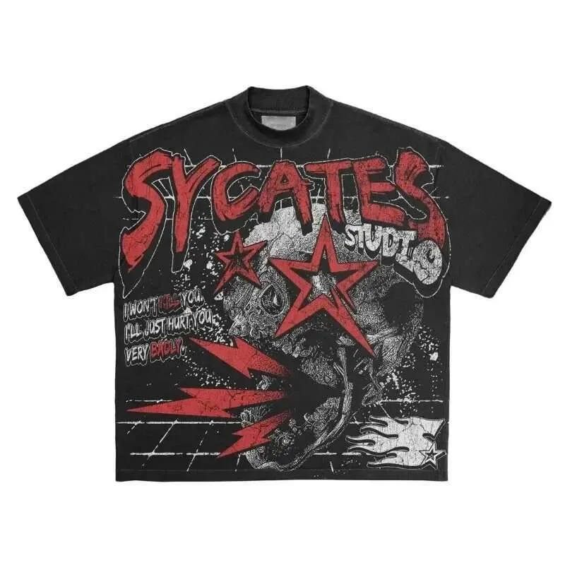 【oan】Elec Skeleton Vintage Washing Short Sleeve T-Shirt Y2K Skeleton Print Loose shirt with t shirt - Short Sleeved