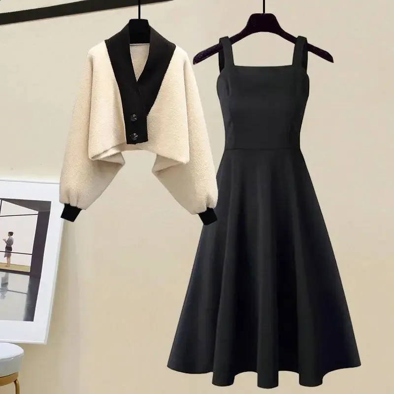 Korean Style Slim Fit Two-Piece sweater dress with shrug Set for Women - Perfect for Autumn and Winter (240827)