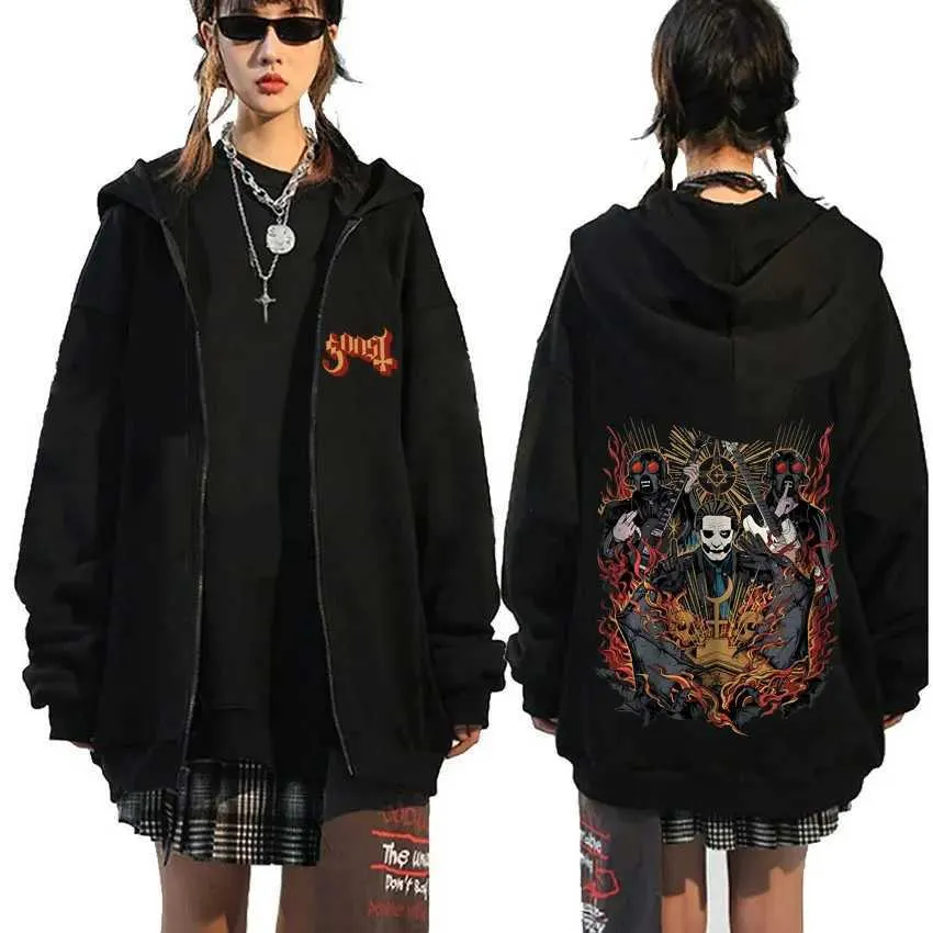 Vintage Rock Zip Up Hoodie - Oversized Gothic Streetwear for Men