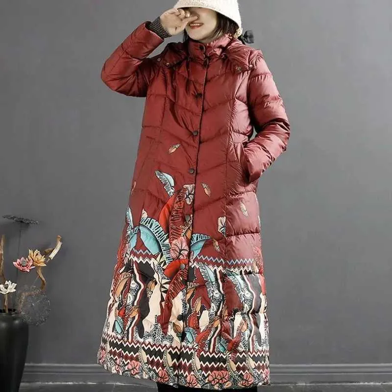 Women's Ethnic Print Down Jacket Long Winter Parka with Detachable Hood,  Plus Size, Loose Fit