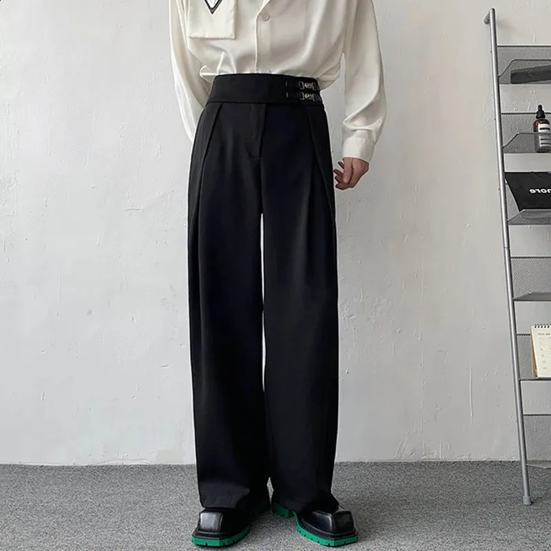 LUZHEN Stylish Straight Suit Pants for Men - Loose Fit, Elegant, Trendy, with Wide Leg and Metal key overall buckles - Style 03e3be 240826