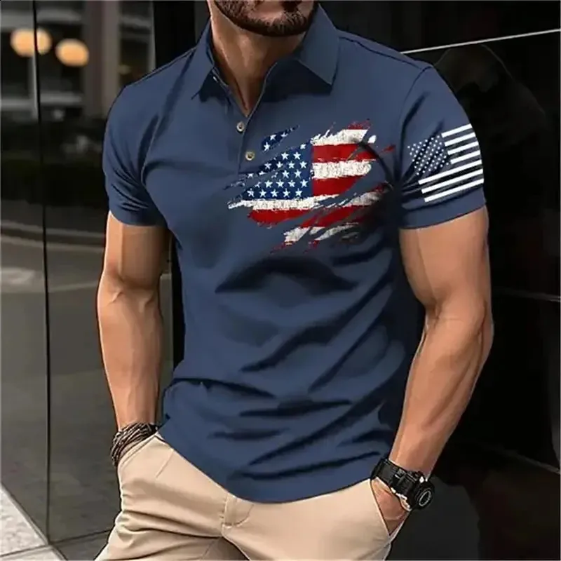 Men's V-neck 3D Non-Stretch American Flag Button Up Polo Shirt