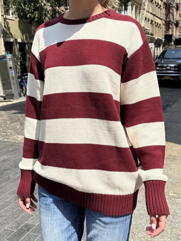 Striped Oversized Sweater: Red Striped Loose Knit Sweater for Women, Autumn  Oneck Long Sleeved Floral Streetwear Cotton Top - Technical View