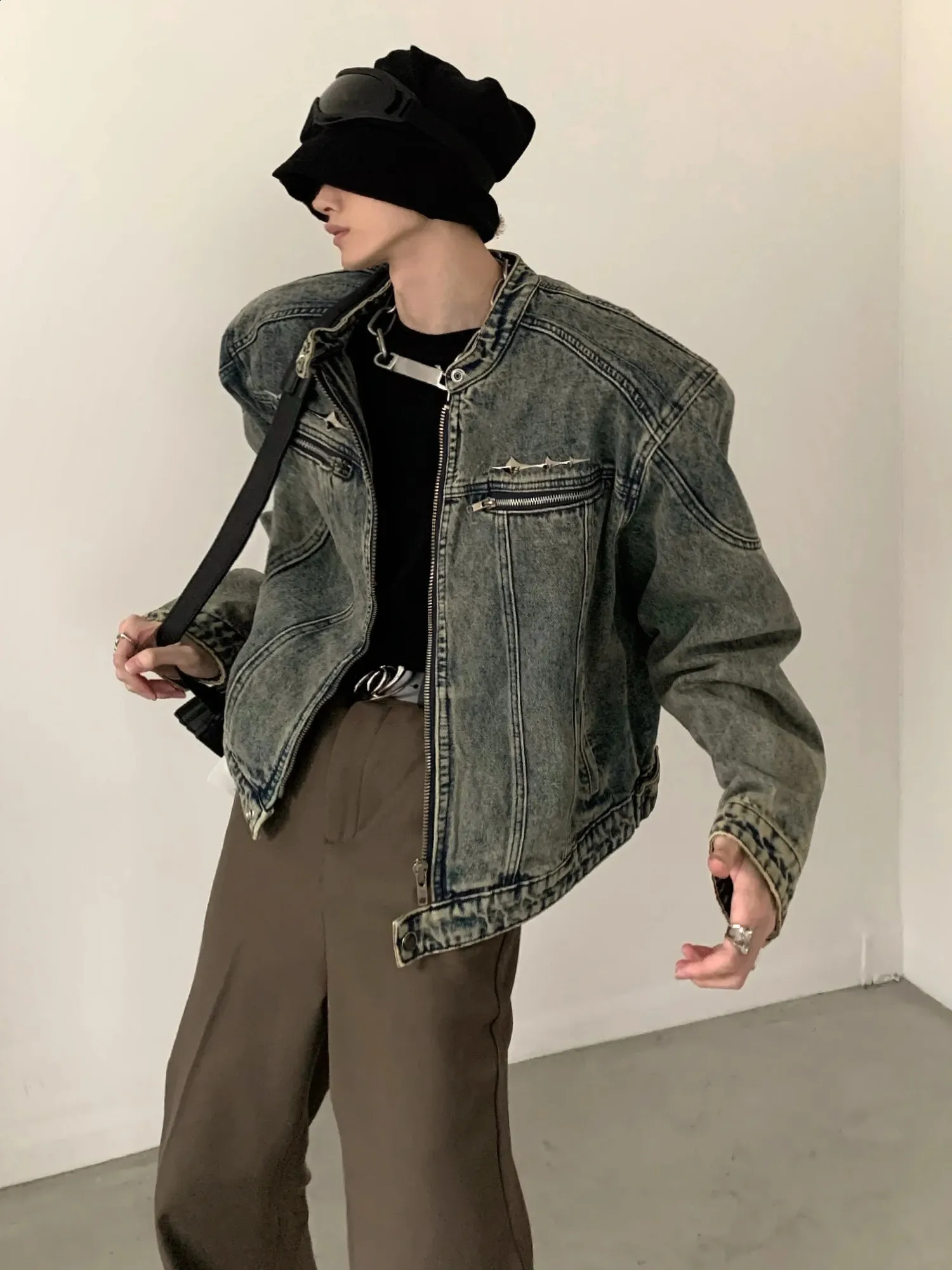 American Vintage Washed Short Denim Jacket Men Autumn Distress