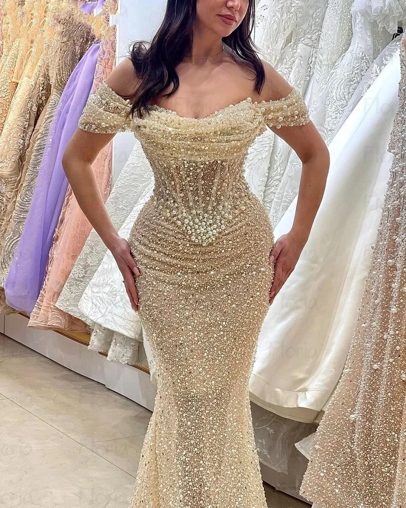 champagne colored mermaid dress with transparent shoulders Champagne Sequin Mermaid gold Sequin Formal dress with Pearls