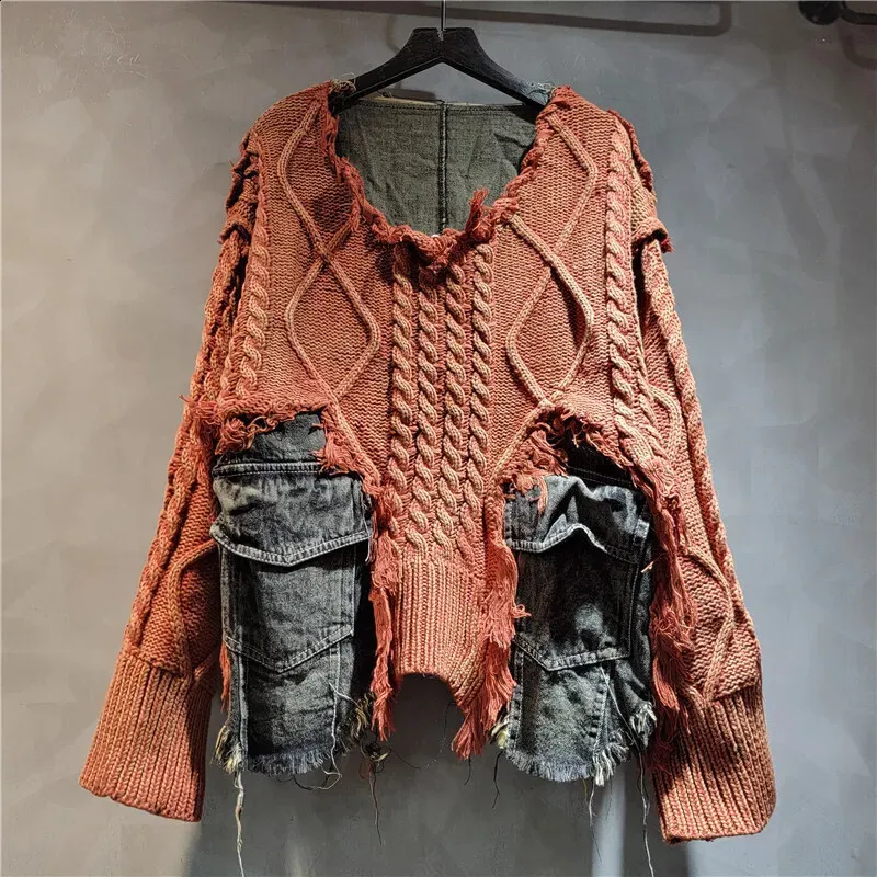 Retro Stitch V-Neck Sweater Top - Long Sleeve Denim