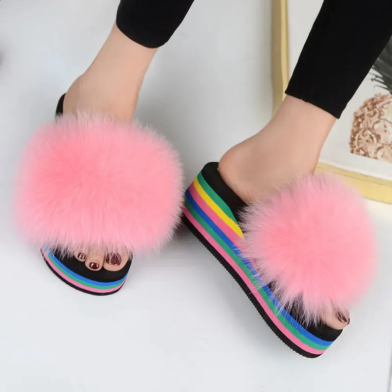 Womens Faux Fur Slides Rainbow Plush Summer High Heels Sandals