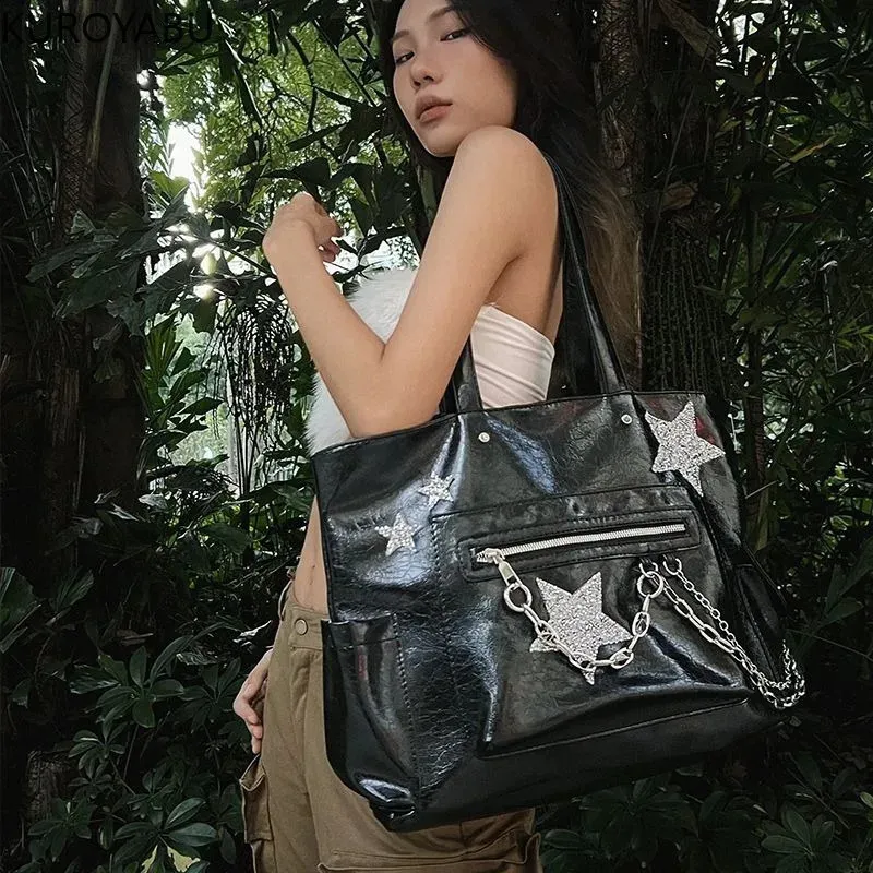 Y2k Goth Tote Bag: Large Capacity PU Leather Shoulder Handbag for Women, Harajuku Star Chain Detail, Casual Crossbody Bag for 2024 Fashion Y2k Goth Tote Bag: Large Capacity PU Leather Shoulder Handbag for Women, Harajuku Star Chain Detail, Casual Crossbody Bag for 2024 Fashion