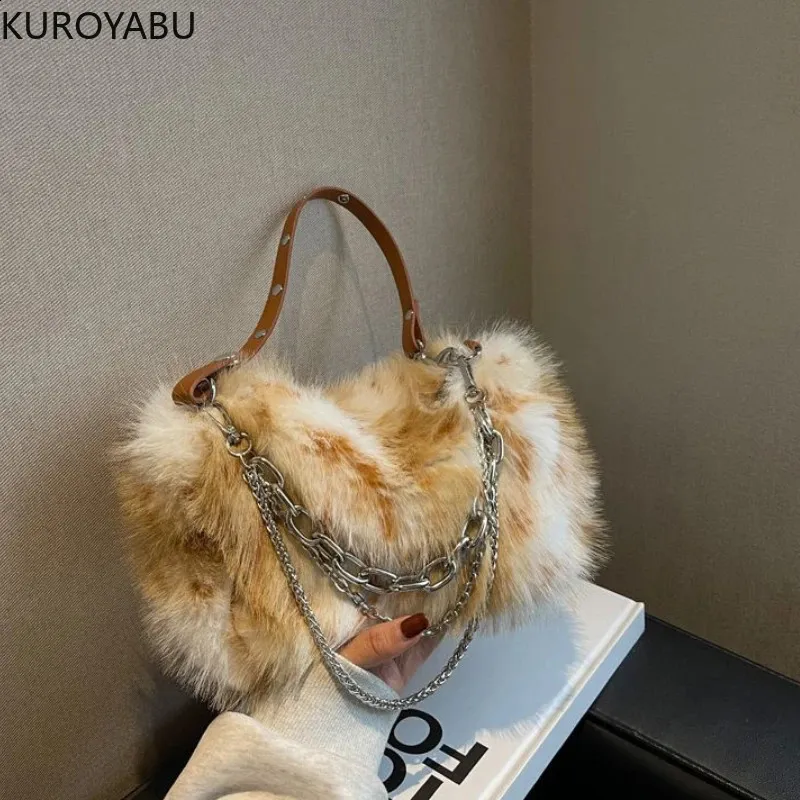 Y2K Women Shoulder Bag Burgundy Faux Fur Mini Crossbody Purse with