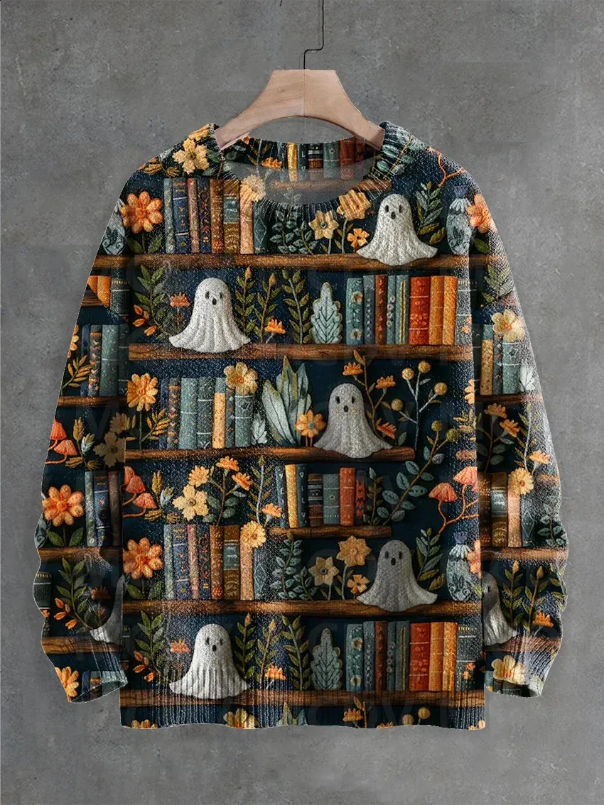 Pullover Halloween Con Stampa Fantasma: Maglione Libreria A Maglia