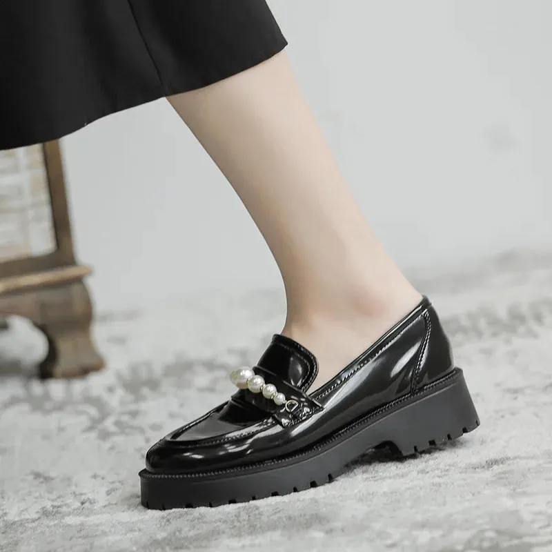Womens Pearl Leather Loafers - Round Toe, Thick Sole, All  display picture 1